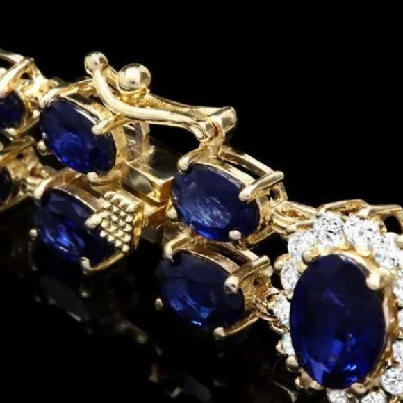 23.30 Natural Blue Sapphire and Diamond 14K Solid Yellow Gold Bracelet - Picture 4 of 6